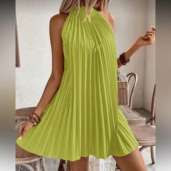 Elegant Cream and Rust Pleated Halter Dress - Picture 12 of 16